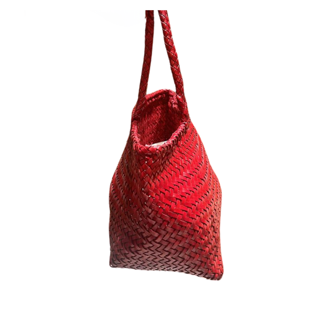 Corda Petite Cherry - Woven Leather Basket Bag in Cherry Red