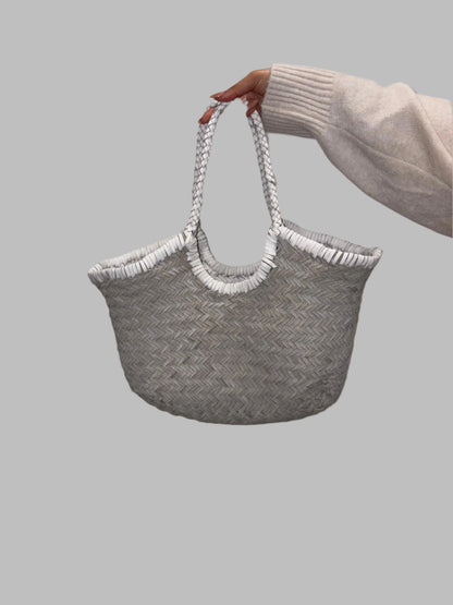 Artisan Weave Pearl - Reversible Woven Leather Bag in White & Grey Hues