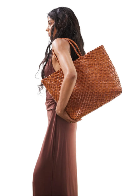 Lattice Tote Tan - Woven Leather Tote Bag in Tan