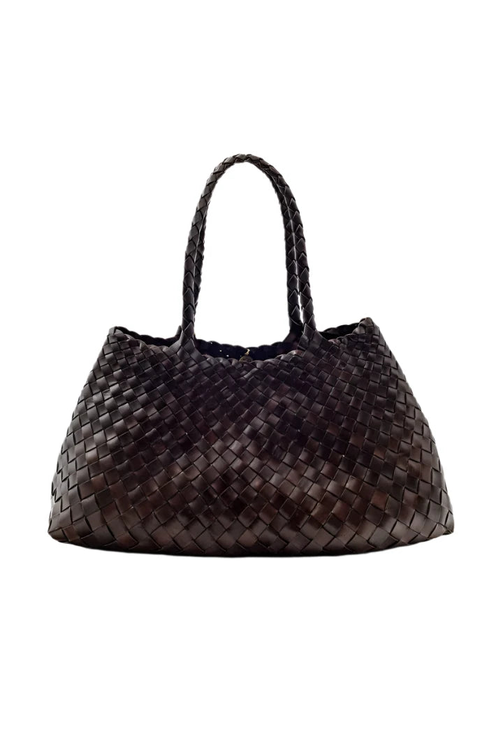 Patina Large Cedar - Woven Leather Bag in Dark Brown