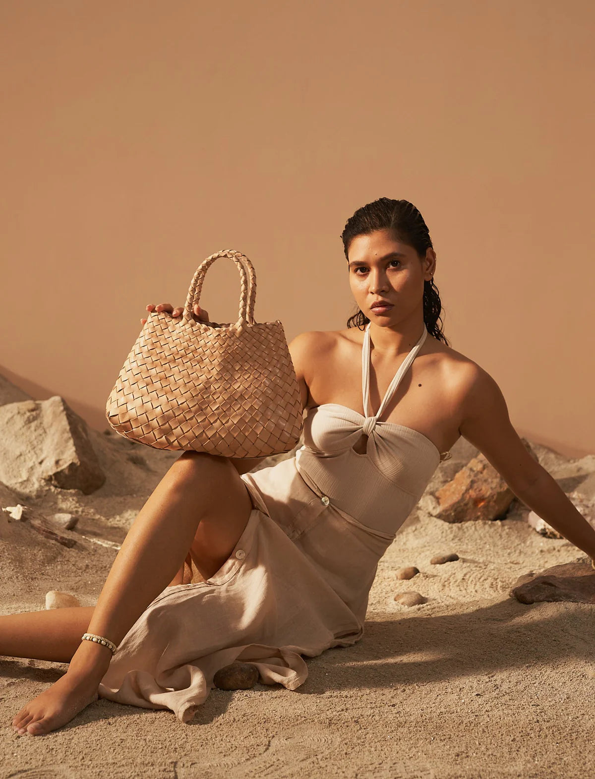 Patina Bisque - Woven Leather Basket Bag in Cream