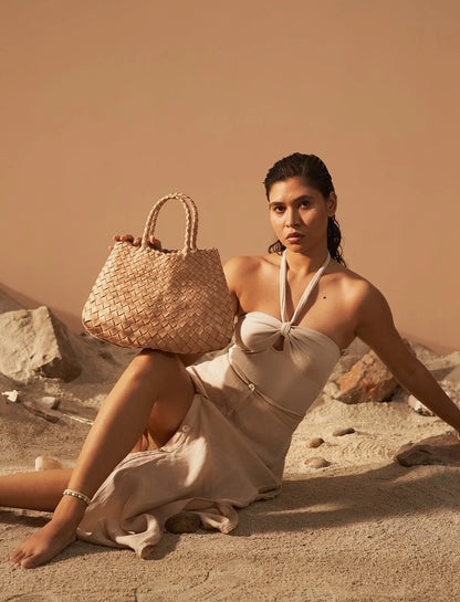 Patina Bisque - Woven Leather Basket Bag in Cream