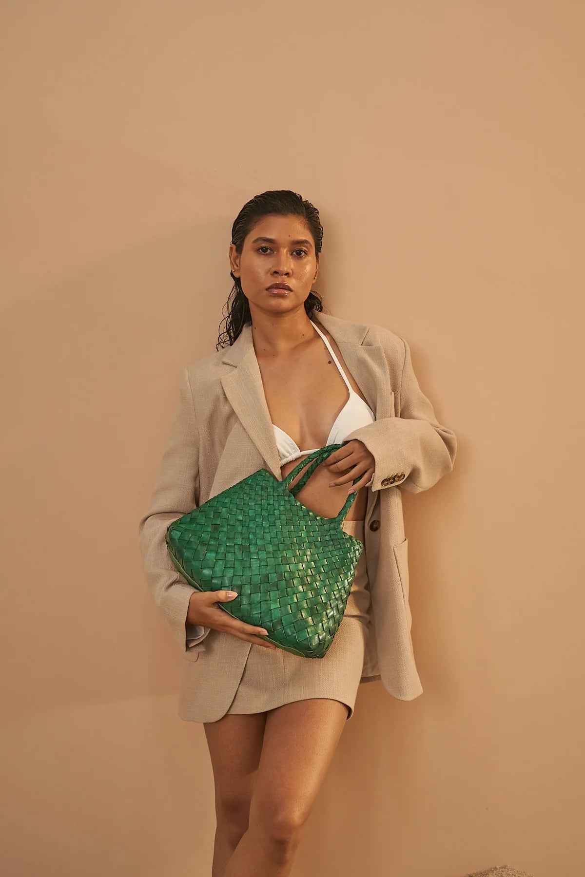 Patina Jade - Woven Leather Basket Bag in Jade Green