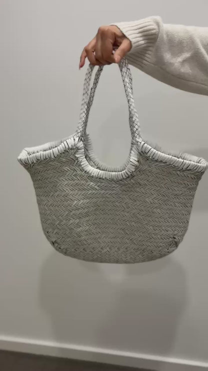 Artisan Weave Pearl - Reversible Woven Leather Bag in White & Grey Hues